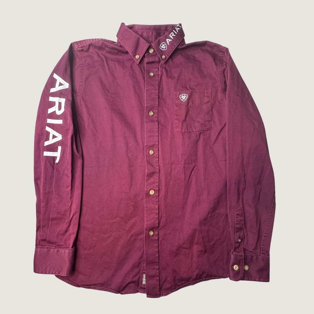 Ariat Shirt Boys L 14/16 Burgundy Team Logo Twill Button Down LS 1003016 Western